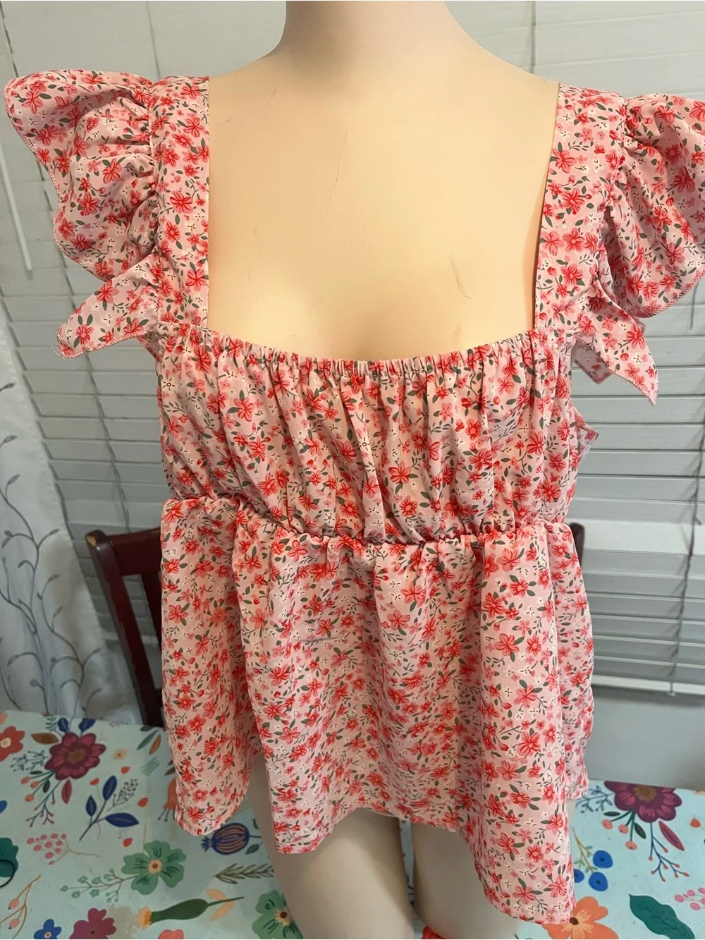 Floral Pink Puff-Sleeve Square-Neck Women's Top